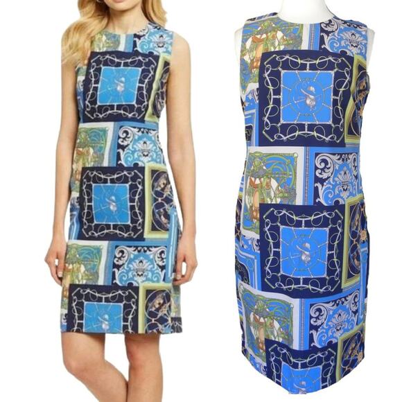J. McLaughlin Belinda Sheath Dress Equestrian Heraldic Patchwork Print Blue - Picture 1 of 11